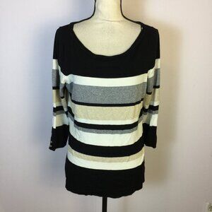 White House Black Market Sweater L Womans Black Beige Striped Metallic Pullover